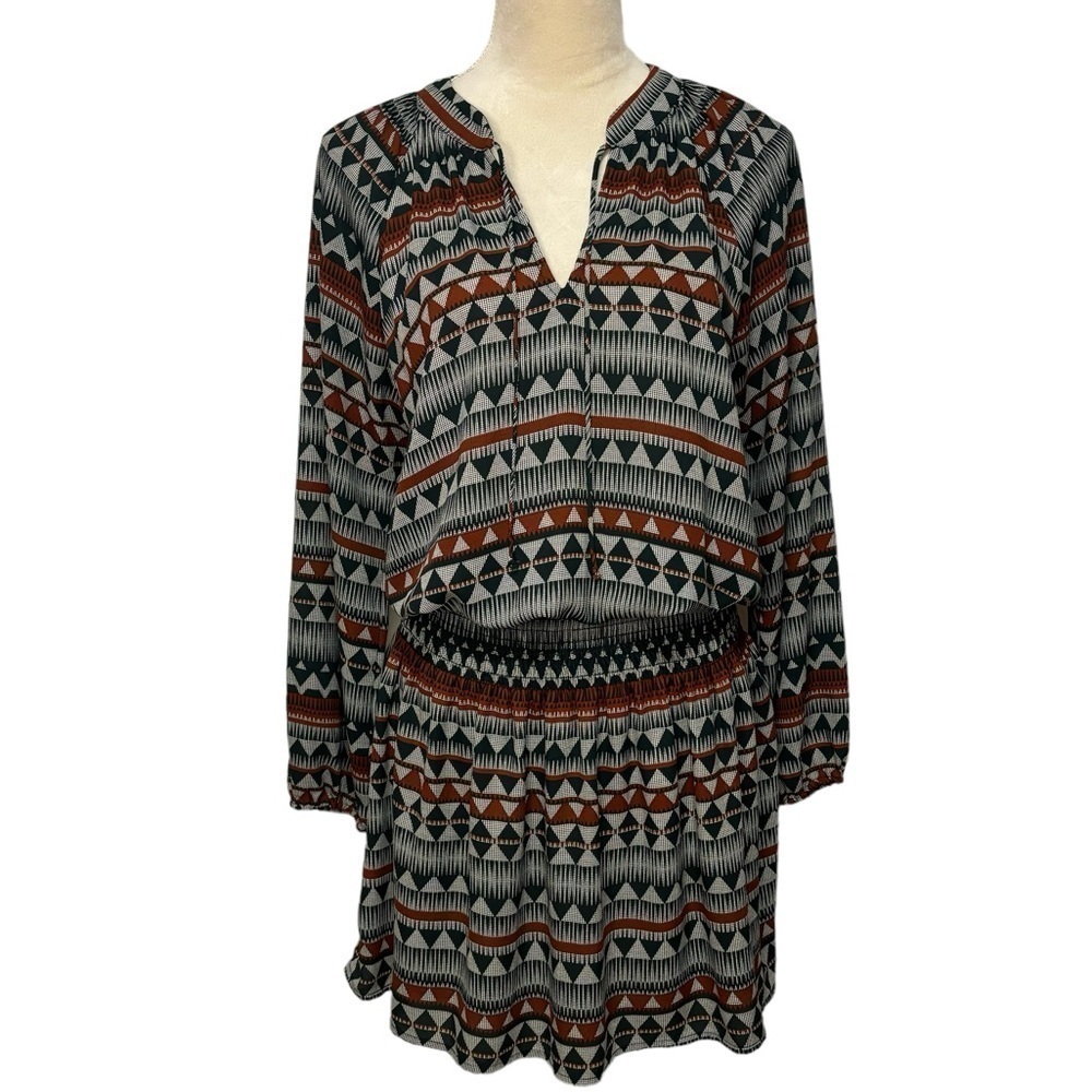 Allison Joy Boho Smocked Waist Split Neck Multicolor Aztec Mini Dress Size M